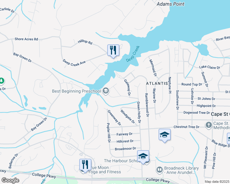 map of restaurants, bars, coffee shops, grocery stores, and more near 1178 Idylewild Drive in Annapolis