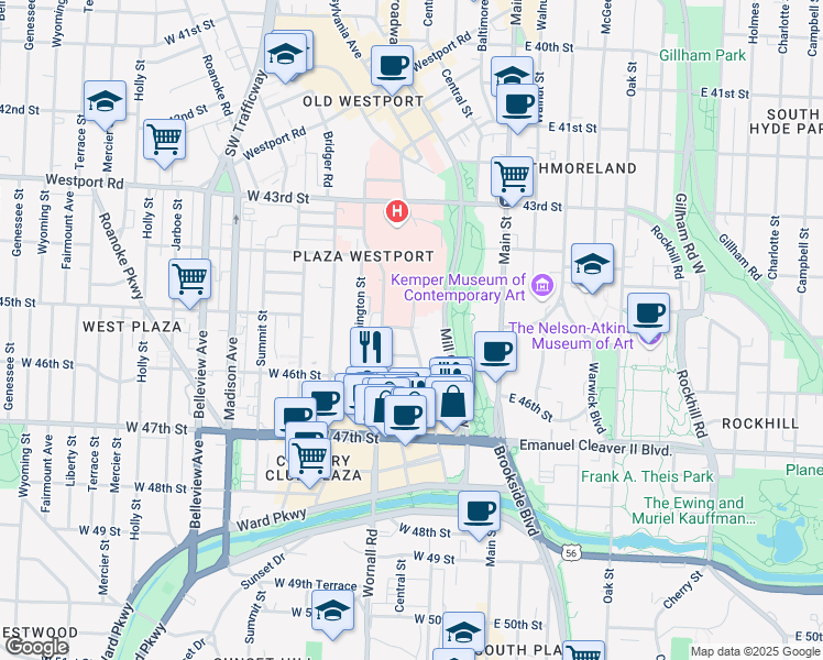 map of restaurants, bars, coffee shops, grocery stores, and more near Wornall Rd & W 45th St in Kansas City