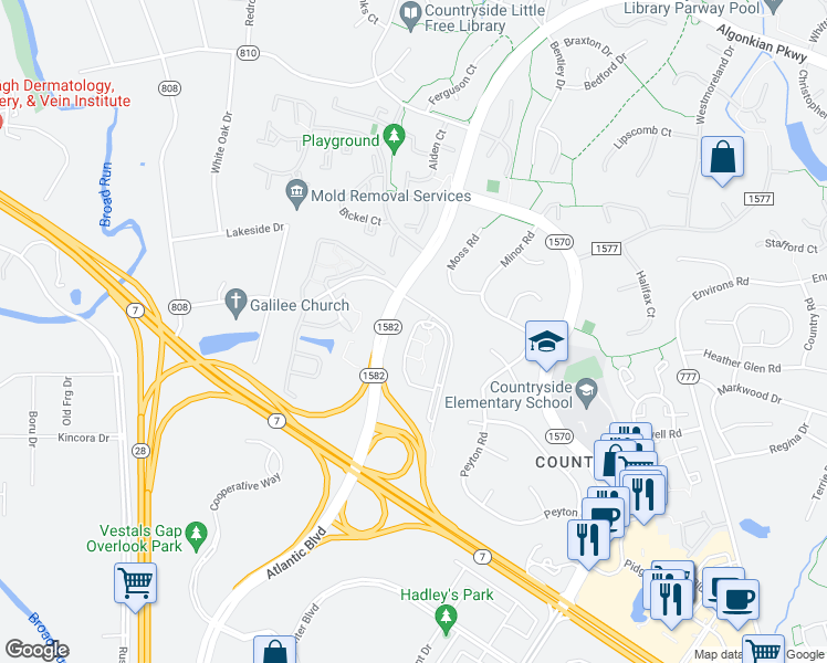 map of restaurants, bars, coffee shops, grocery stores, and more near 20681 Reserve Falls Terrace in Potomac Falls