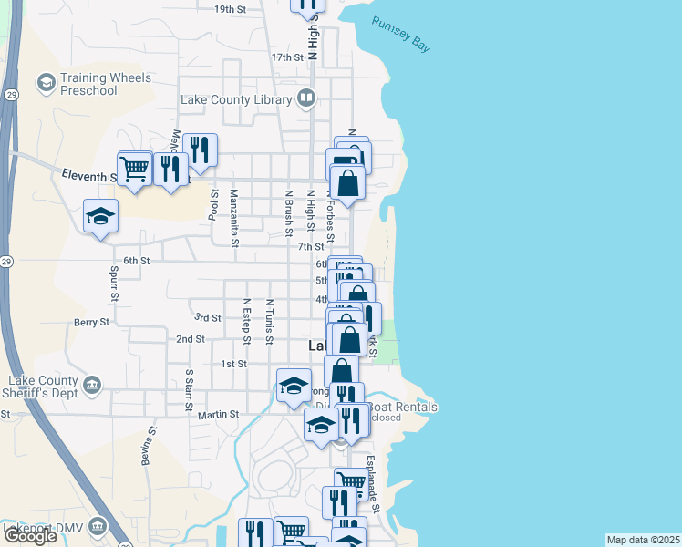 map of restaurants, bars, coffee shops, grocery stores, and more near 525 North Main Street in Lakeport