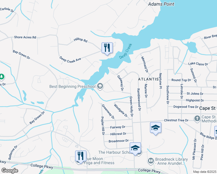 map of restaurants, bars, coffee shops, grocery stores, and more near 1178 Idylewild Drive in Annapolis