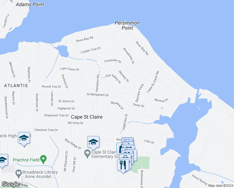 map of restaurants, bars, coffee shops, grocery stores, and more near 1020 Saint Margarets Drive in Annapolis