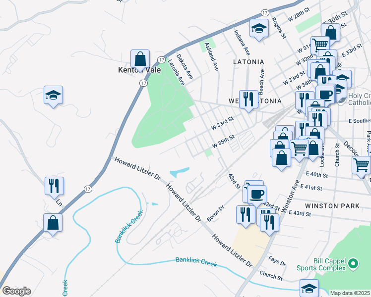 map of restaurants, bars, coffee shops, grocery stores, and more near 915 West 35th Street in Covington