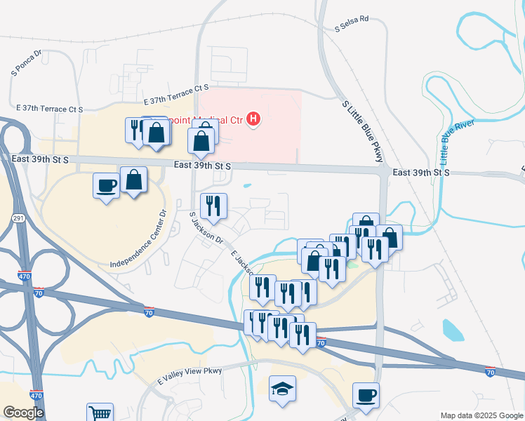 map of restaurants, bars, coffee shops, grocery stores, and more near 4011 South Jackson Drive in Independence