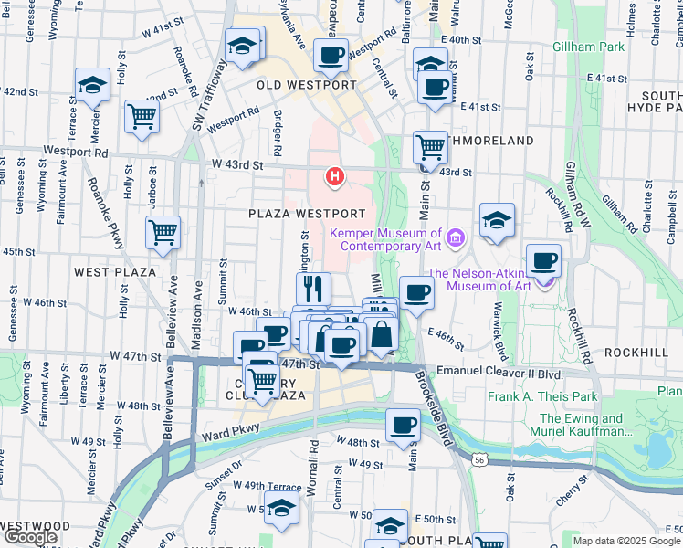 map of restaurants, bars, coffee shops, grocery stores, and more near 300 West 45th Terrace in Kansas City