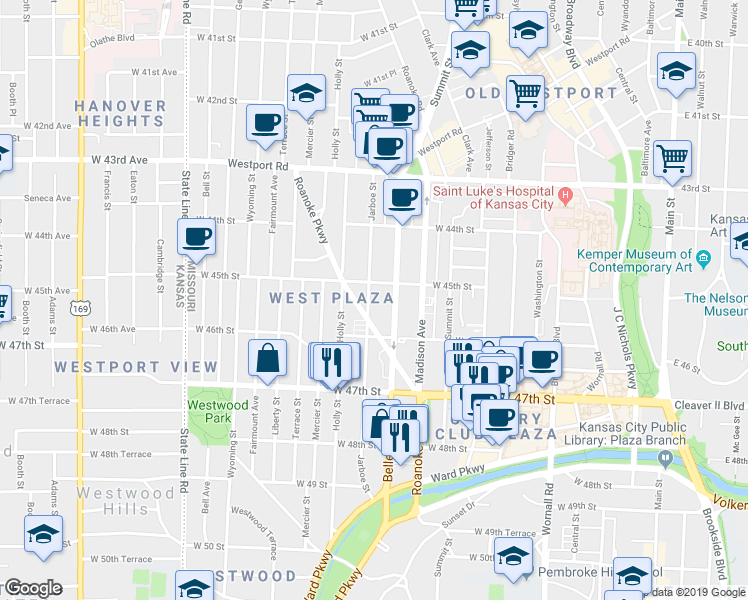 map of restaurants, bars, coffee shops, grocery stores, and more near 4550 Belleview Avenue in Kansas City