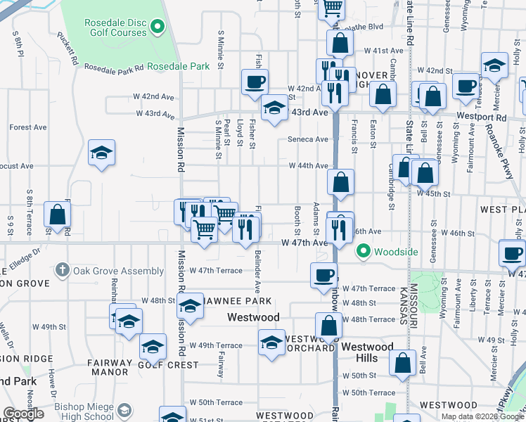 map of restaurants, bars, coffee shops, grocery stores, and more near 4604 Fisher Street in Kansas City