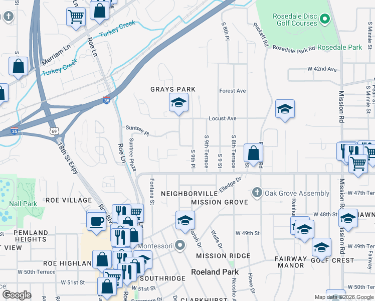 map of restaurants, bars, coffee shops, grocery stores, and more near 970 Sutton Court in Kansas City