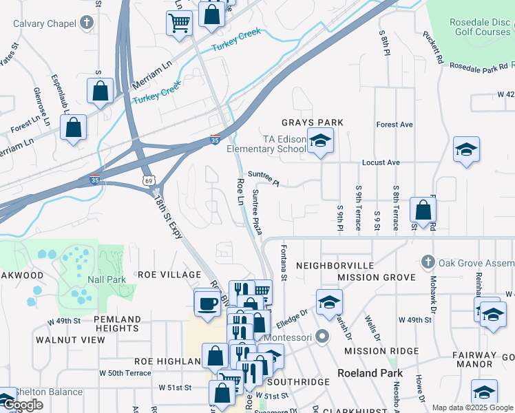 map of restaurants, bars, coffee shops, grocery stores, and more near 3124 Suntree Plaza in Kansas City