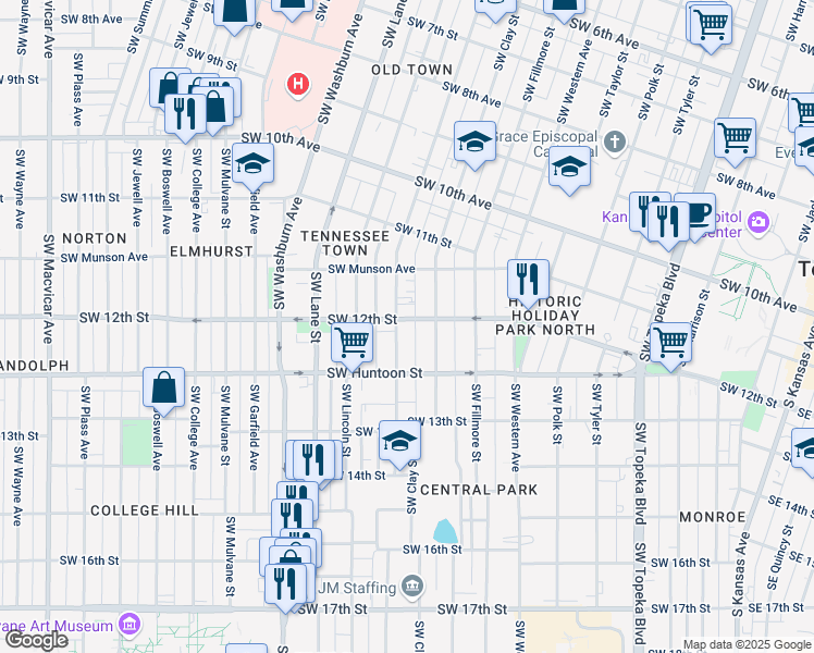 map of restaurants, bars, coffee shops, grocery stores, and more near 1219 Southwest Buchanan Street in Topeka