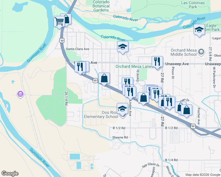 map of restaurants, bars, coffee shops, grocery stores, and more near 2652 Palmer Street in Grand Junction
