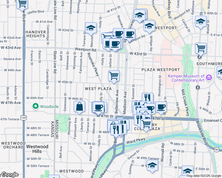 map of restaurants, bars, coffee shops, grocery stores, and more near 4550 Belleview Avenue in Kansas City