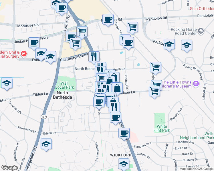 map of restaurants, bars, coffee shops, grocery stores, and more near 11503 Rockville Pike in Rockville