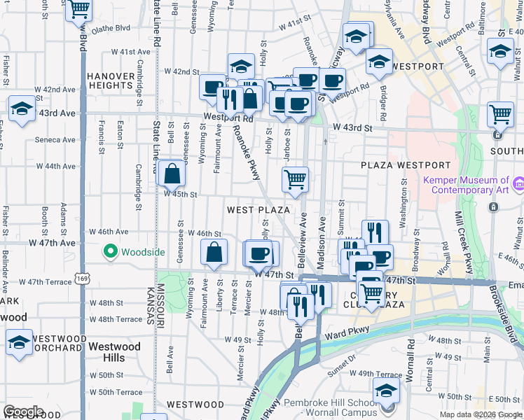 map of restaurants, bars, coffee shops, grocery stores, and more near 4529 Holly Street in Kansas City