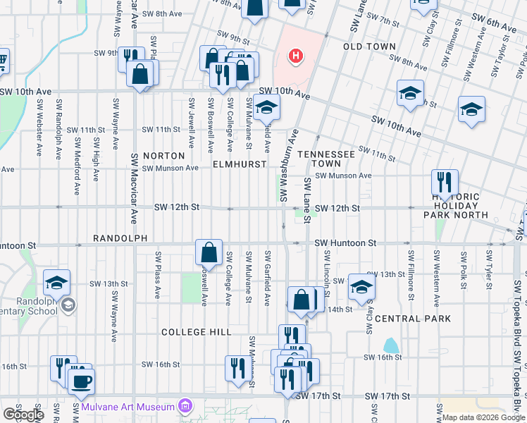 map of restaurants, bars, coffee shops, grocery stores, and more near 1219 Southwest Garfield Avenue in Topeka