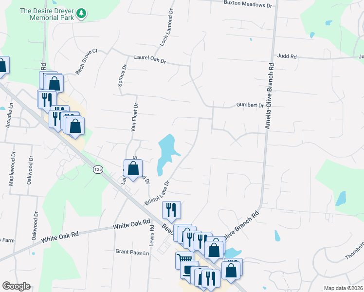 map of restaurants, bars, coffee shops, grocery stores, and more near 3669 Bristol Lake Drive in Amelia