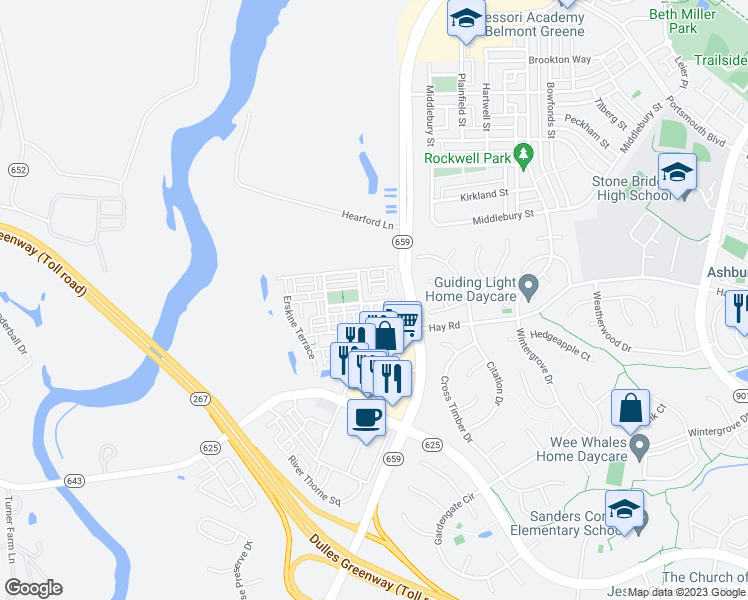 map of restaurants, bars, coffee shops, grocery stores, and more near 4 Lauder Terrace in Ashburn