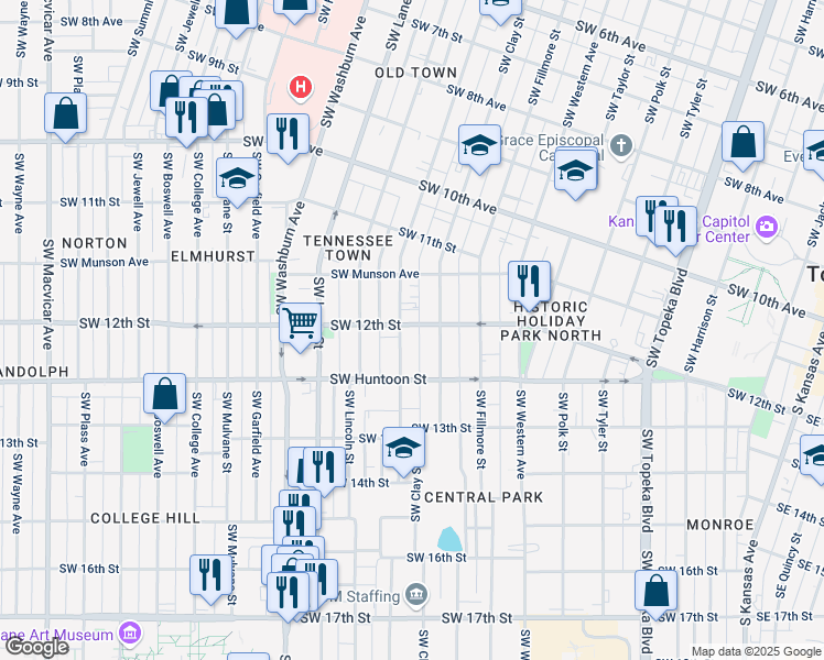 map of restaurants, bars, coffee shops, grocery stores, and more near 1219 Southwest Buchanan Street in Topeka