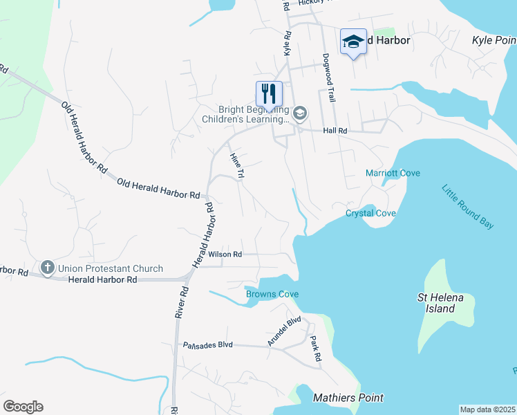 map of restaurants, bars, coffee shops, grocery stores, and more near 938 Diggs Road in Crownsville