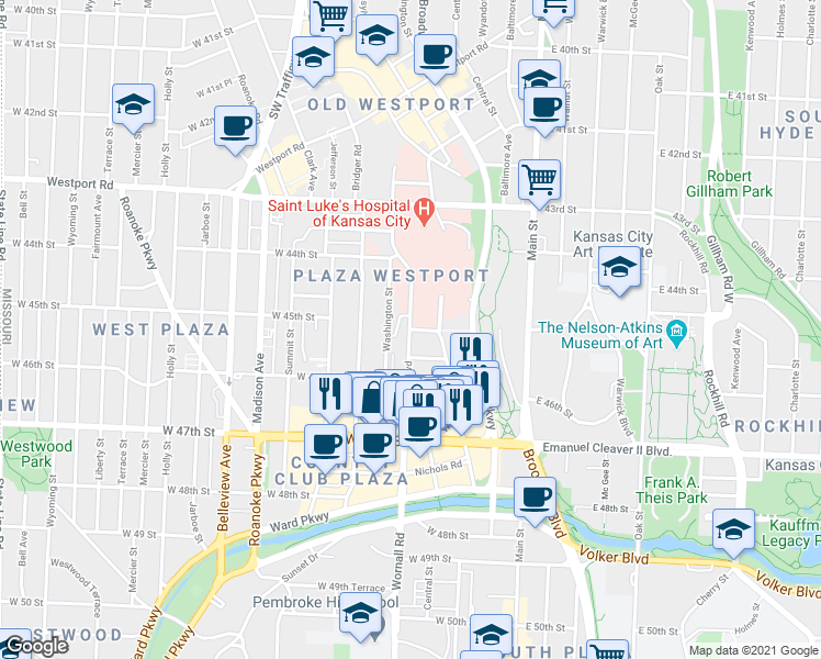 map of restaurants, bars, coffee shops, grocery stores, and more near W 45th St & Broadway in Kansas City