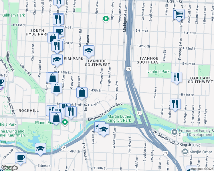 map of restaurants, bars, coffee shops, grocery stores, and more near 4432 Highland Avenue in Kansas City