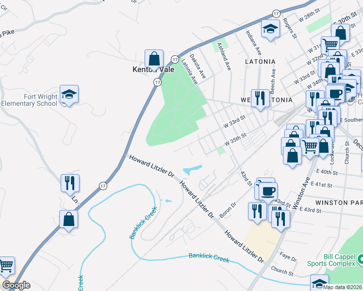 map of restaurants, bars, coffee shops, grocery stores, and more near 1106 West 33rd Street in Covington