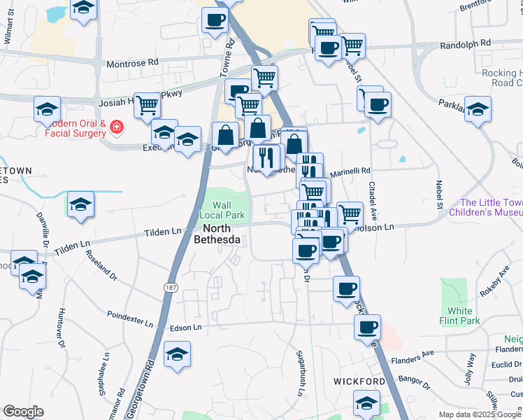 map of restaurants, bars, coffee shops, grocery stores, and more near 5809 Nicholson Lane in Rockville
