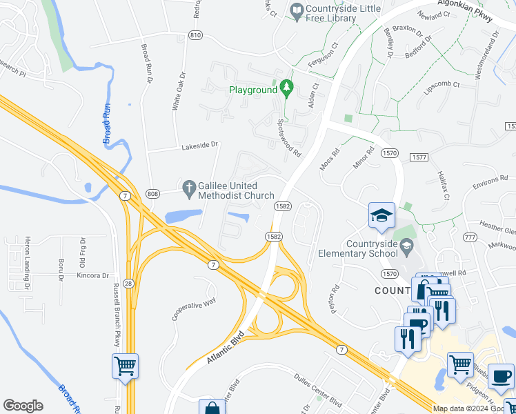 map of restaurants, bars, coffee shops, grocery stores, and more near 20608 Idle Brook Terrace in Sterling