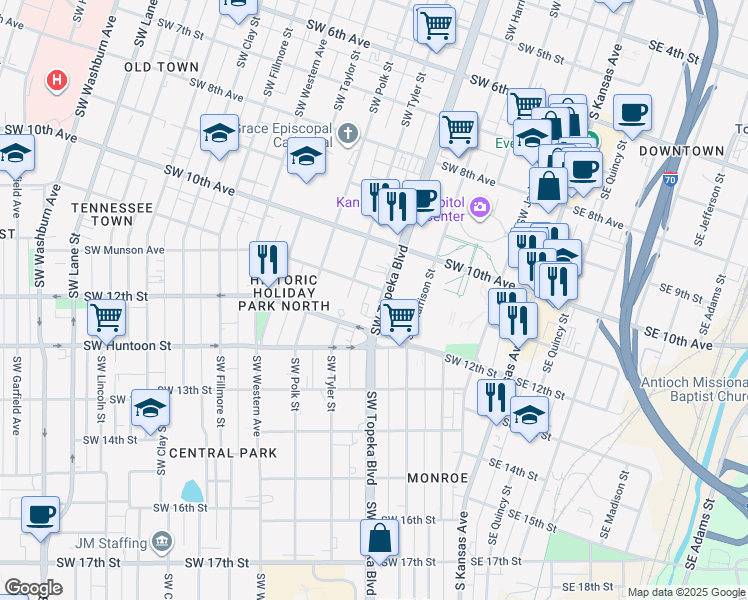 map of restaurants, bars, coffee shops, grocery stores, and more near 1109 Southwest Topeka Boulevard in Topeka