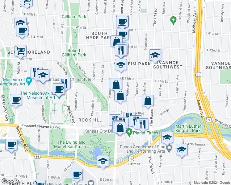 map of restaurants, bars, coffee shops, grocery stores, and more near 4440 Troost Avenue in Kansas City