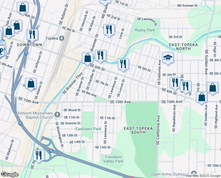 map of restaurants, bars, coffee shops, grocery stores, and more near 727 Southeast Lawrence Street in Topeka
