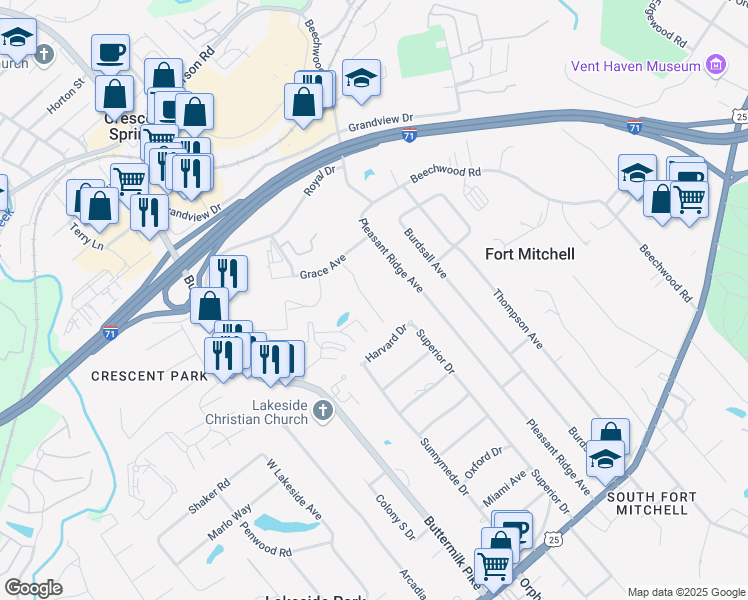 map of restaurants, bars, coffee shops, grocery stores, and more near 127 Kathleen Drive in Fort Mitchell