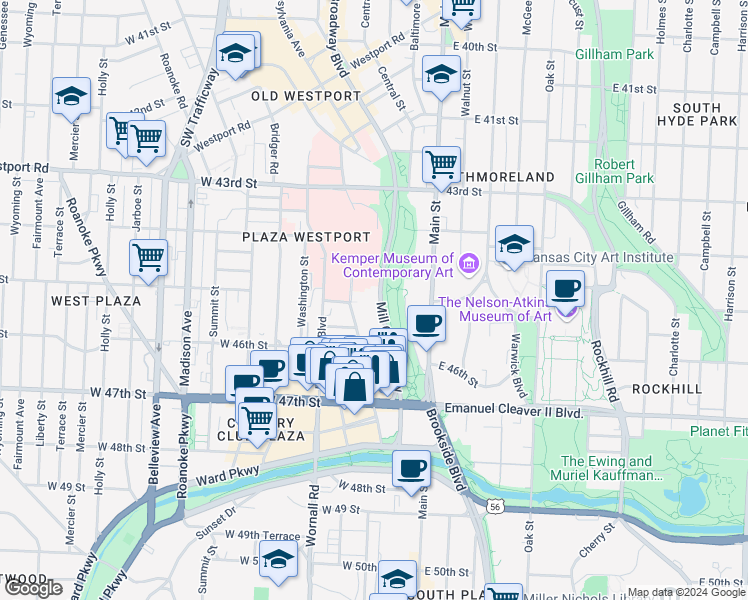 map of restaurants, bars, coffee shops, grocery stores, and more near 4536 Mill Creek Parkway in Kansas City