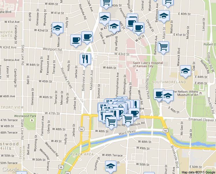 map of restaurants, bars, coffee shops, grocery stores, and more near 4527 Jefferson Street in Kansas City