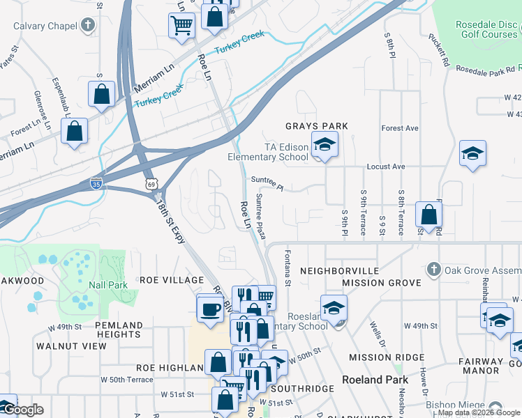 map of restaurants, bars, coffee shops, grocery stores, and more near 3124 Suntree Plaza in Kansas City