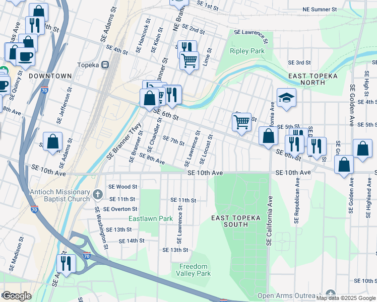map of restaurants, bars, coffee shops, grocery stores, and more near 727 Southeast Lawrence Street in Topeka