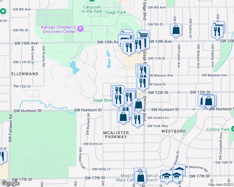 map of restaurants, bars, coffee shops, grocery stores, and more near 4200 Southwest Huntoon Street in Topeka
