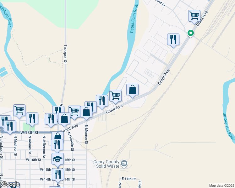 map of restaurants, bars, coffee shops, grocery stores, and more near 414-464 Grant Ave in Junction City