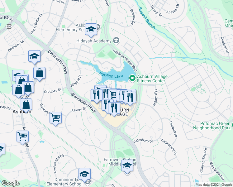 map of restaurants, bars, coffee shops, grocery stores, and more near 44152 Natalie Terrace in Ashburn