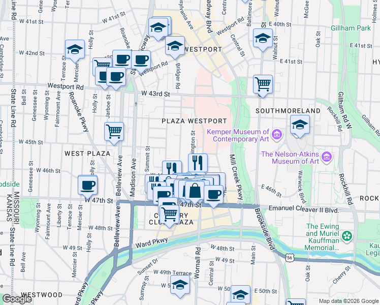 map of restaurants, bars, coffee shops, grocery stores, and more near 4504 Washington Street in Kansas City