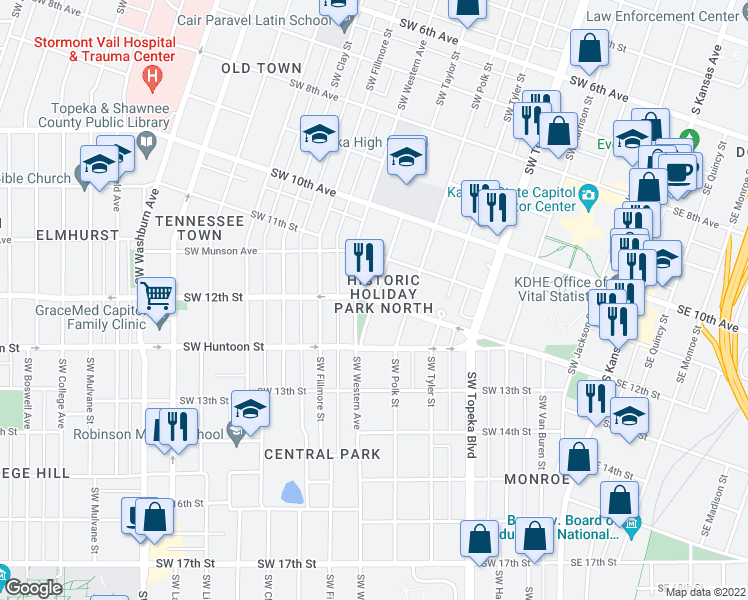 map of restaurants, bars, coffee shops, grocery stores, and more near SW 12th St & SW Taylor St in Topeka