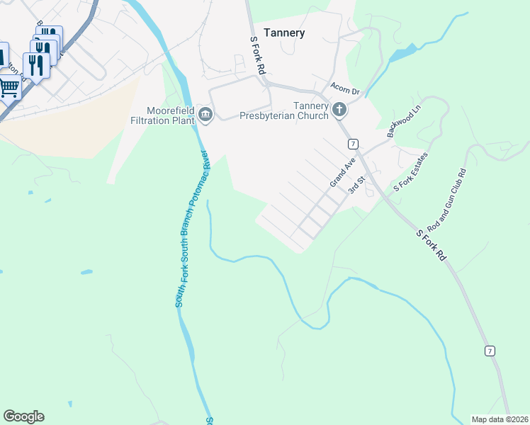 map of restaurants, bars, coffee shops, grocery stores, and more near 213 8th Street in Moorefield