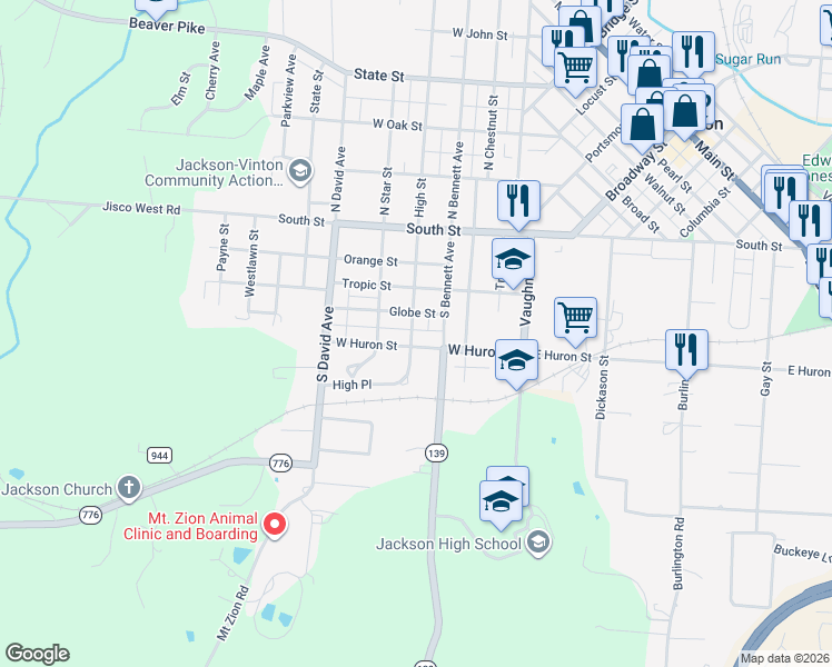 map of restaurants, bars, coffee shops, grocery stores, and more near 204 High Place in Jackson