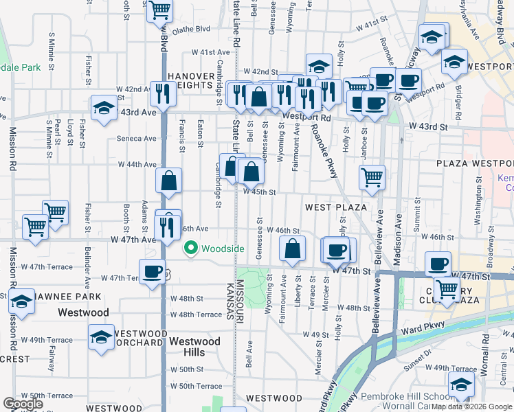 map of restaurants, bars, coffee shops, grocery stores, and more near 4541 Bell Street in Kansas City