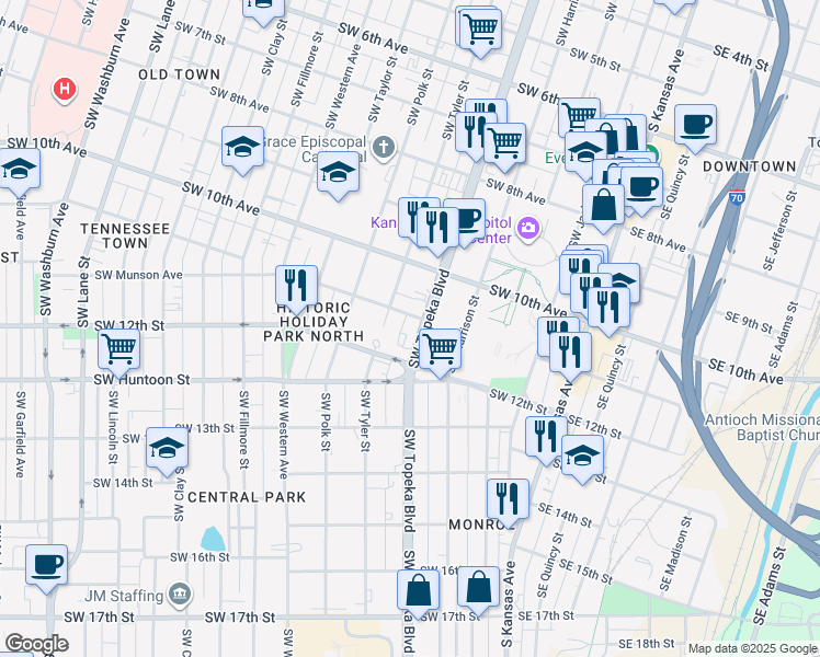 map of restaurants, bars, coffee shops, grocery stores, and more near 1109 Southwest Topeka Boulevard in Topeka