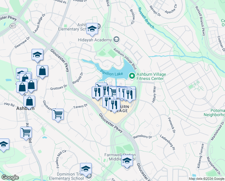 map of restaurants, bars, coffee shops, grocery stores, and more near 44118 Natalie Terrace in Ashburn