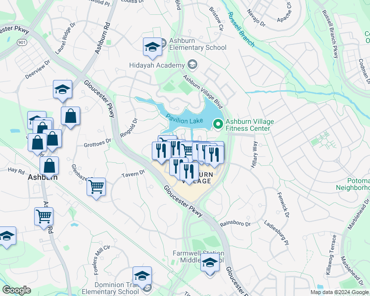 map of restaurants, bars, coffee shops, grocery stores, and more near 44114 Natalie Terrace in Ashburn