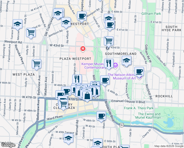 map of restaurants, bars, coffee shops, grocery stores, and more near 4536 Mill Creek Parkway in Kansas City