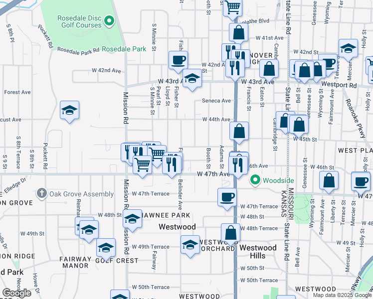 map of restaurants, bars, coffee shops, grocery stores, and more near 2521 West 46th Avenue in Kansas City
