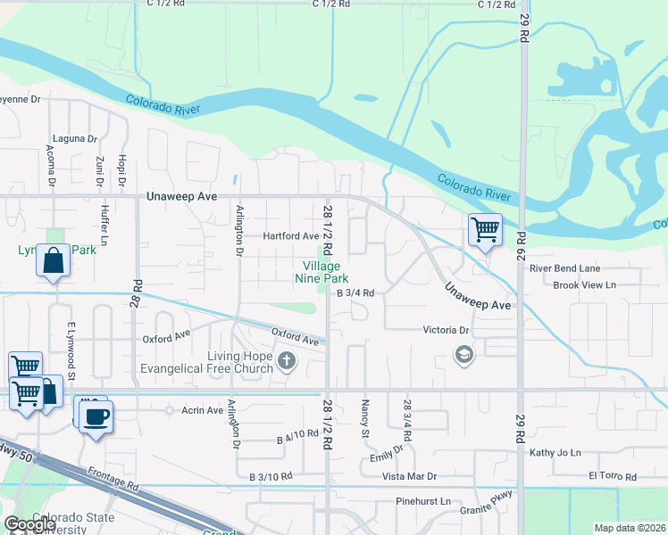 map of restaurants, bars, coffee shops, grocery stores, and more near 284 28 1/2 Road in Grand Junction